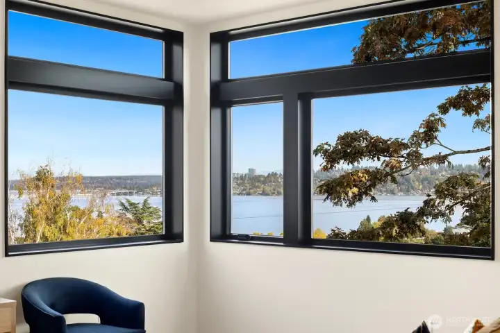 This is the view from the primary suite overlooking Lake Washington towards Bellevue.