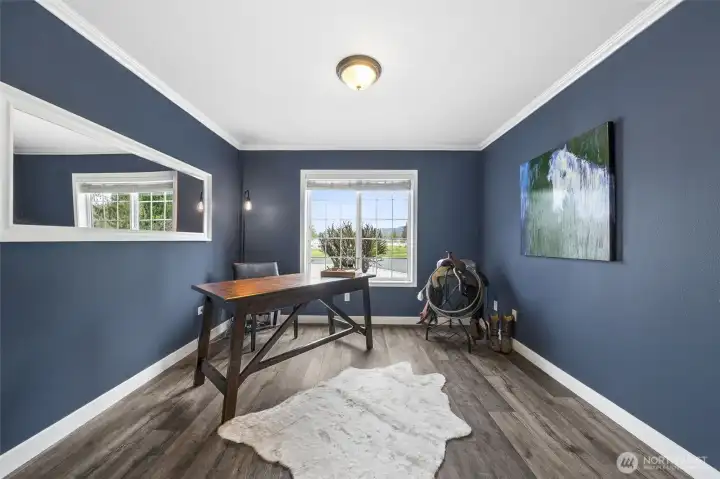 Main floor office space with LVP flooring, striking yet warm colors & French doors.