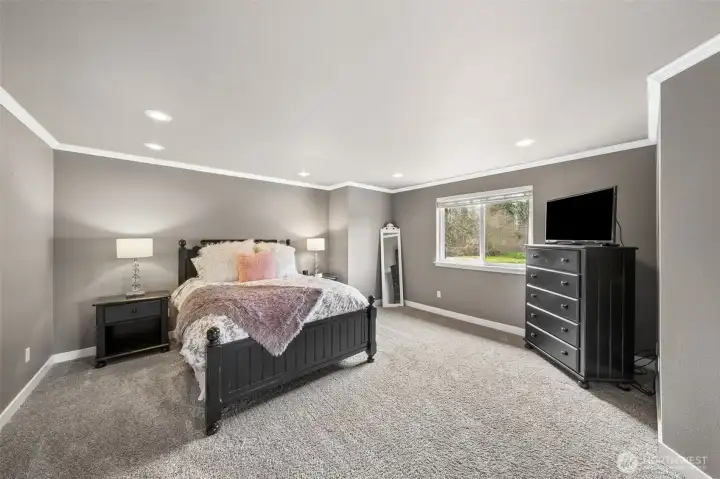 Primary Suite is very large- recessed lighting, white crown molding, all over looking the private backyard.