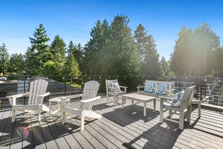 rooftop deck and views of Puget Sound and Olympic Mt. range