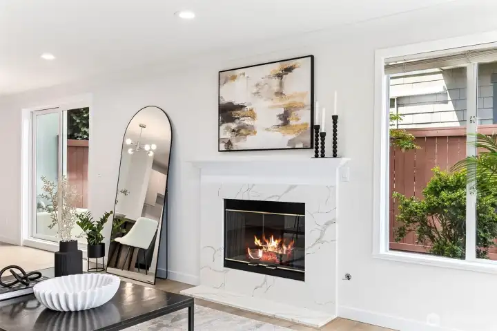 Gas fireplace with beautiful Quartz surround...