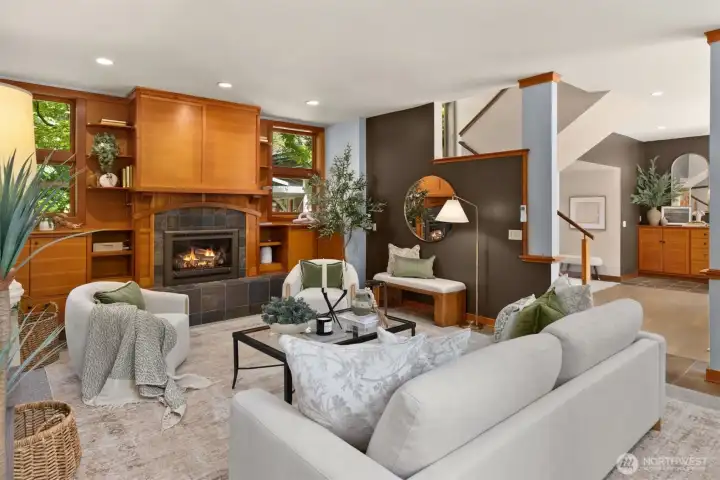 Private/separate living room with stunning built-ins and gas FP.