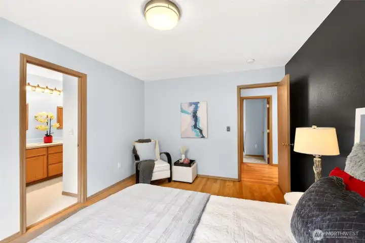 Separated from the other bedrooms, the primary with a full bath and walk in closet can be an oasis if needed. Separated from the other bedrooms, the primary with a full bath and walk in closet can be an oasis if needed.