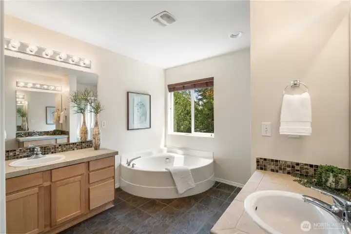 Generously sized primary en-suite bathroom is thoughtfully designed with separate vanities and sinks, offering both privacy and convenience while enhancing the suite's luxurious feel.