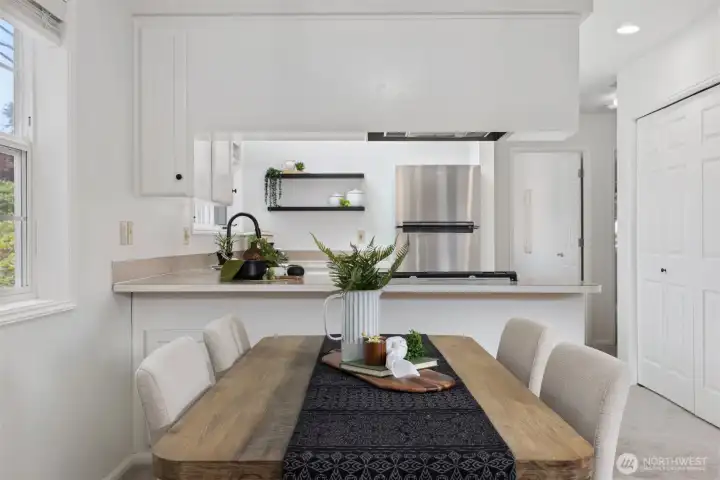 The dining space is perfect to entertain and room to put a couple stools at the kitchen bar. The dining space is perfect to entertain and room to put a couple stools at the kitchen bar.