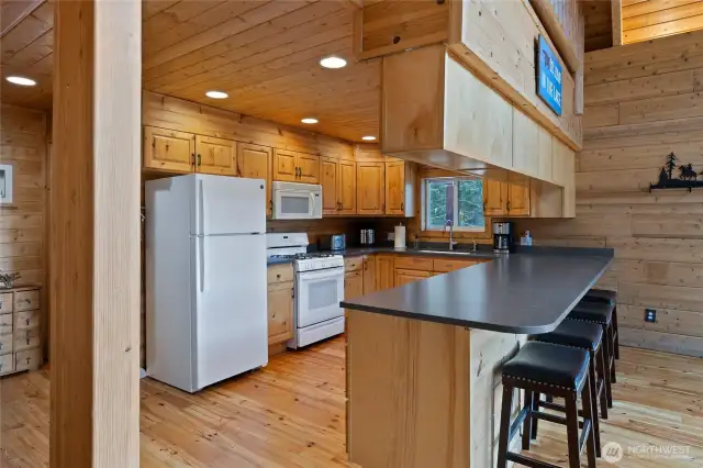 Large kitchen features tons of cabinetry & island seating.
