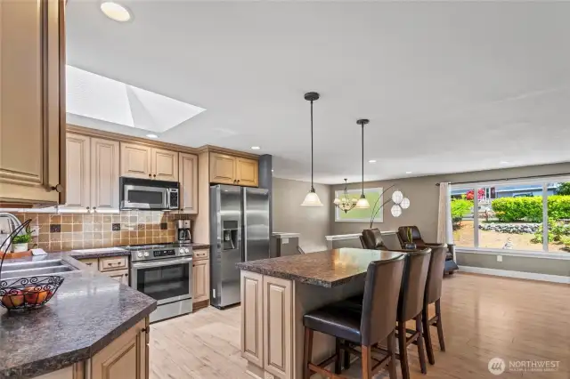 Note the recessed lighting and crown molding on the cabinetry.