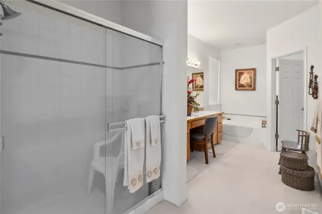 Primary bathroom looking into the soaking tub vanity area and walk in closet.