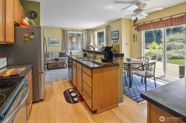 View from kitchen looking into family room and separate dining area and out to back yard oasis.