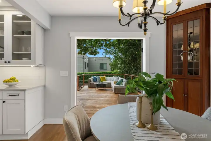 French doors out to the large cedar deck. The perfect place to entertain.