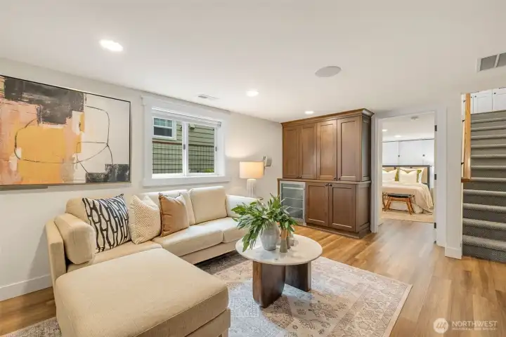 Built ins and drink fridge.