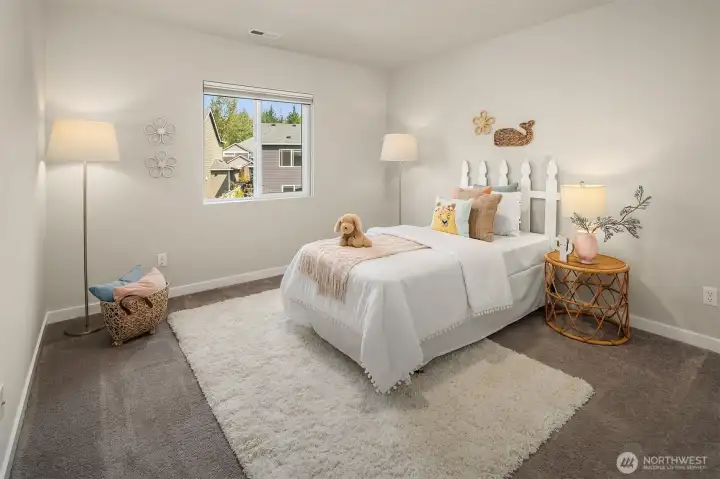 BR 3 has windows overlooking the back yard and is closest to the hall bathroom.