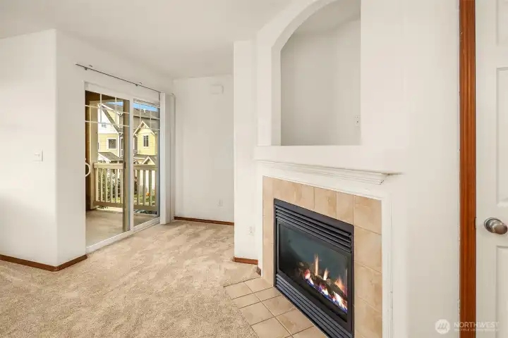 View of West Facing Balcony and Gas Fireplace