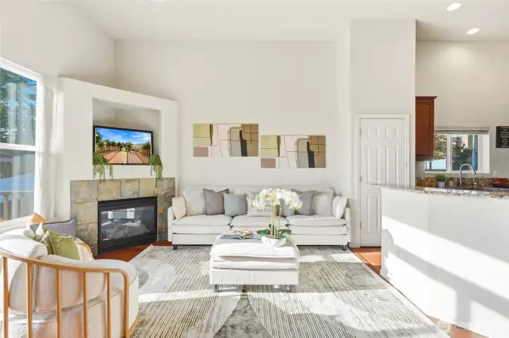 The cozy gas fireplace is perfect for relaxing or hosting friends.