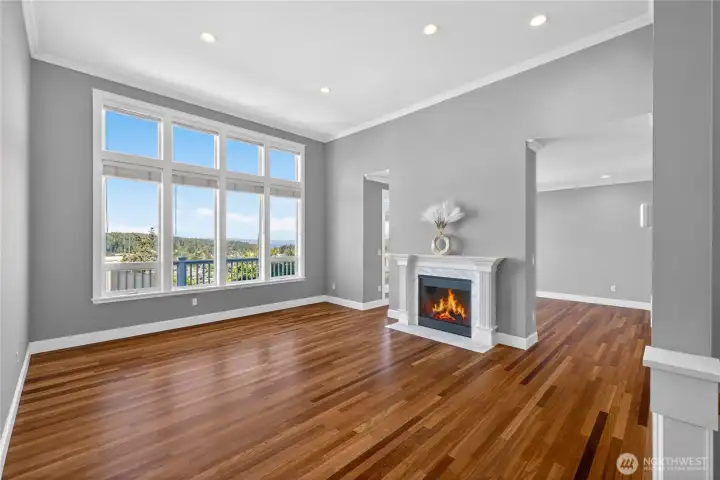 Gleaming Brazilian Cherry hardwood floors. Fireplace and mantle with marble facing. Elegant tone on tone paint has been refreshed throughout the house.