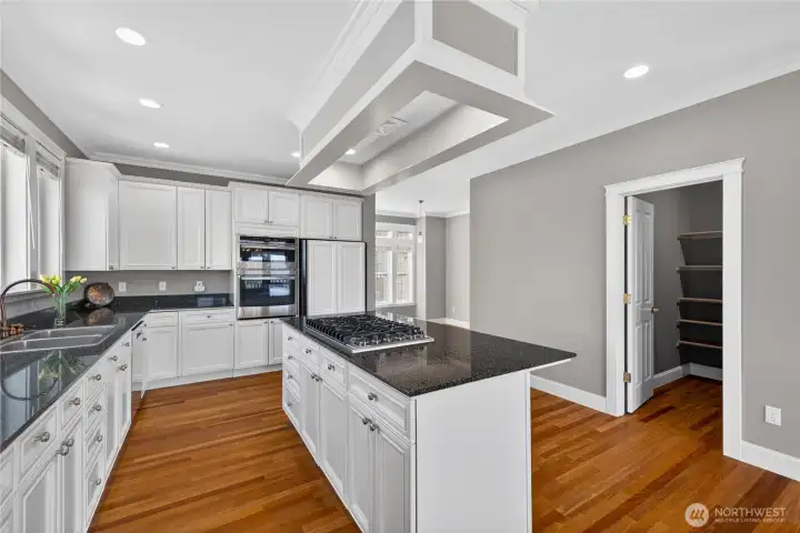 The kitchen island has a Viking cooktop, and that is a very nice walk-in pantry to the right.