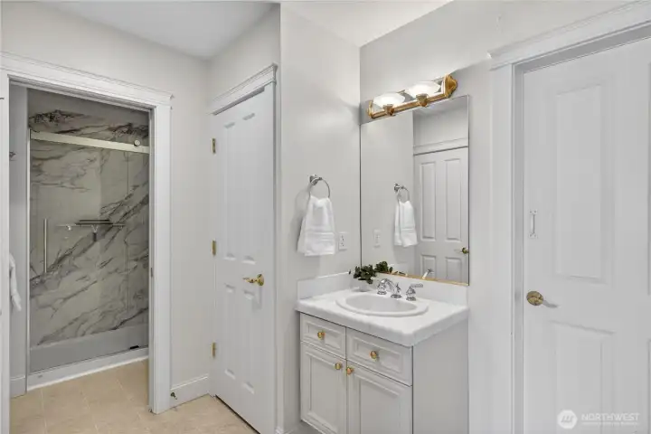 Downstairs ensuite bathroom also serves the living room. The door to the right leads to a large storage area.