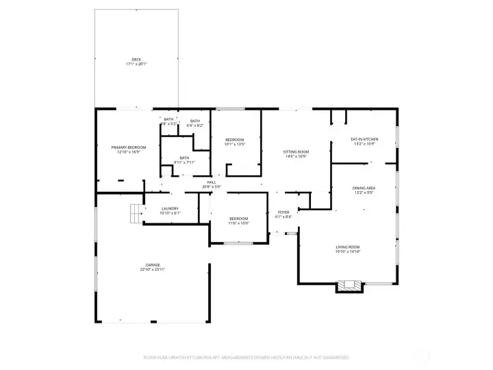 This single-level home features an intuitive layout with a spacious living room (19'10" x 14'10"), dining area, and eat-in kitchen flowing seamlessly together. The primary bedroom (12'10" x 16'9") is privately situated with two en suite baths, while two additional bedrooms, a generous sitting room (14'0" x 16'9"), dedicated laundry room, and an oversized two-car garage (22'10" x 25'11") round out the well-appointed floor plan. A large deck (17'1" x 20'1") off the rear adds valuable outdoor living space.