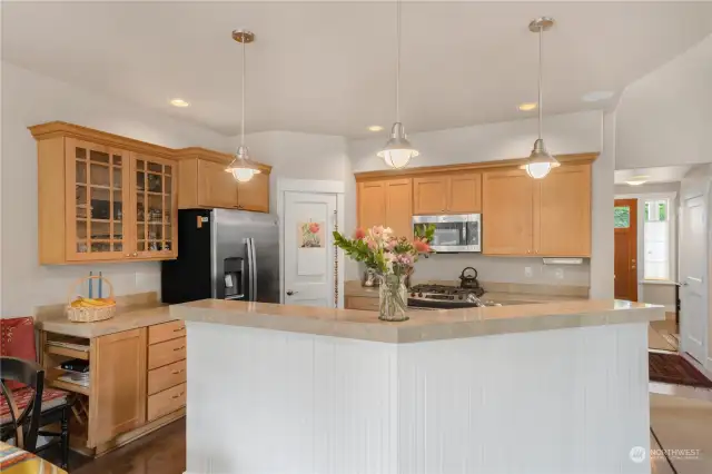 View of the kitchen from the dining room.