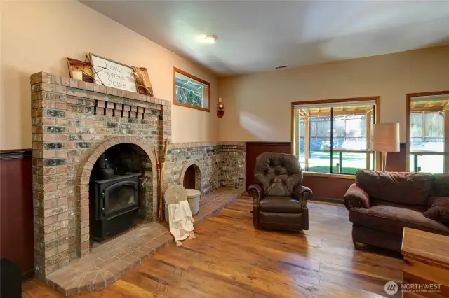 Wall Fireplace -Free Standing Wood Stove In Fireplace Alcove-Extended Hearth & Mantel