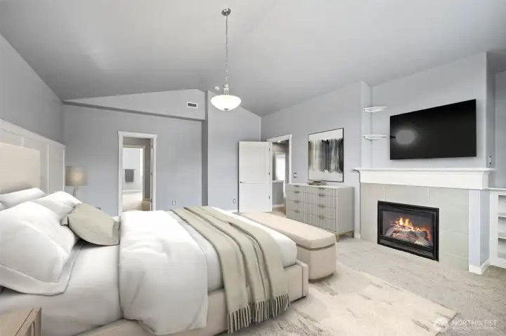 Primary bedroom w/ fireplace - virtually staged