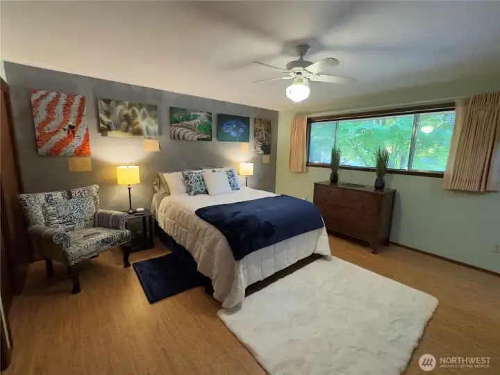 Primary bedroom has wall of closets