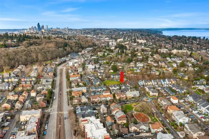 Aerial view looking north.  See how close this home is to light rail!