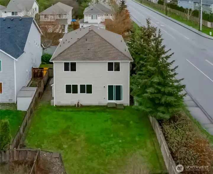 Aerial view of back yard and home