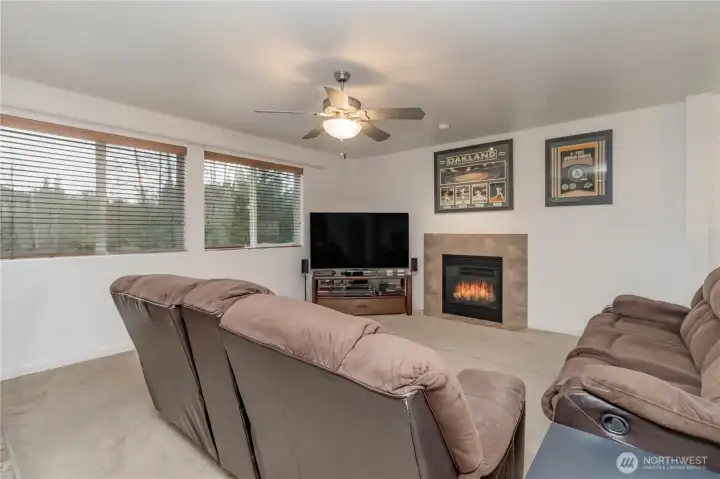 Living room with warm gas fireplace