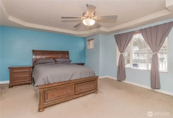 Primary bedroom with lovely custom paint and brand-new windows. Notice the fun tray ceiling and ceiling fan. There is a mountain view from this room.
