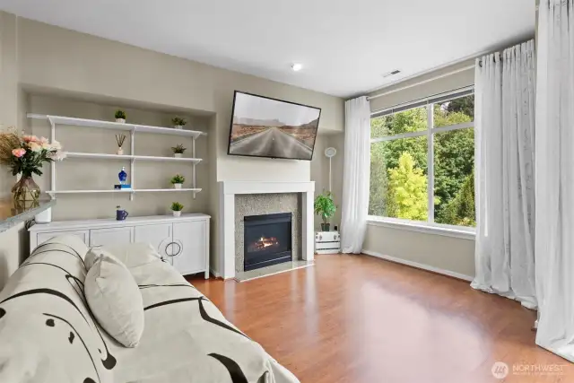 Spacious living room with mountain views and gas fireplace