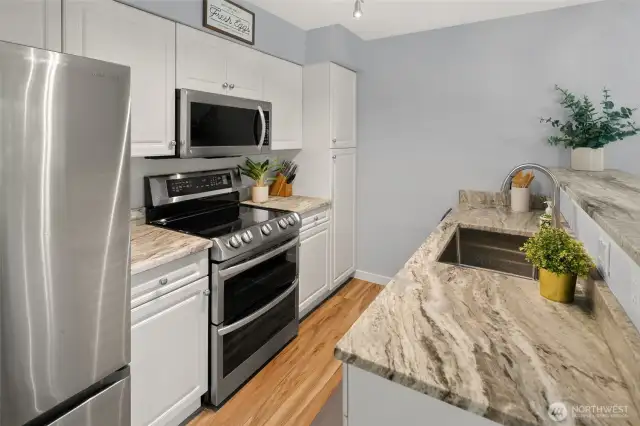 All stainless appliances with beautiful granite countertops