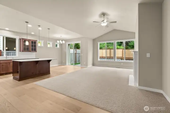 Looking towards the kitchen, dining and living rooms