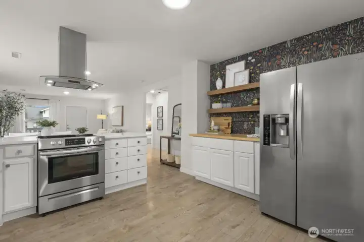 Kitchen with coffee bar and wood shelves