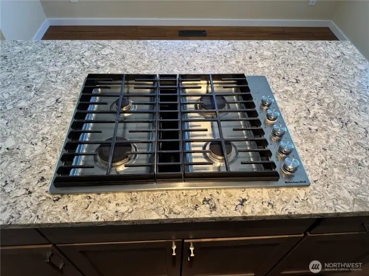 Kitchen Aide gas stove top on the island.
