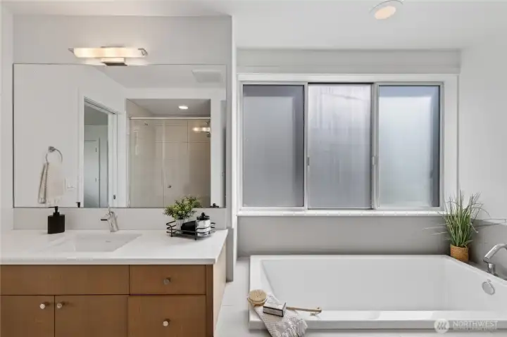 Bathroom on second level with large tub