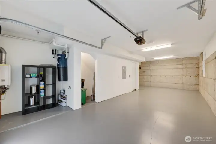 Clean, tandem garage with storage