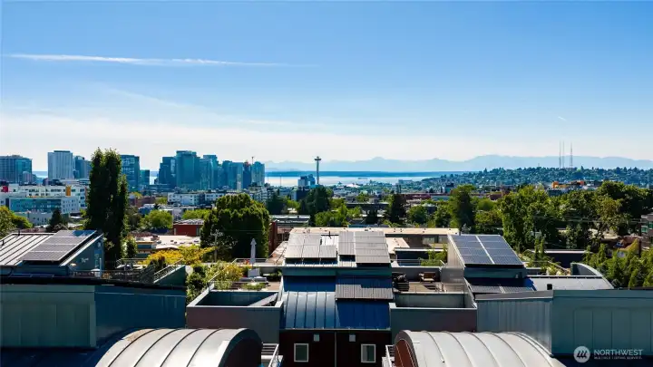 View of Space Needle and water from rooftop patio