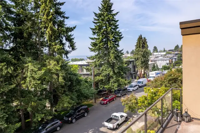 This home faces due south with territorial views from the main floor. Abundant sunlight floods the home- and one looks out at beautiful evergreen trees. This view is taken from the upper deck off of the primary bedroom.