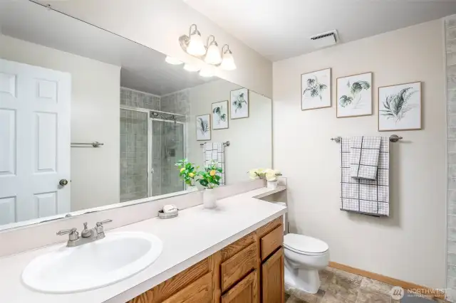 Primary bathroom boasts ample counter space and a walk-in shower