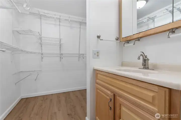 Primary closet with sink and the toilet and shower are around to the left with a door for privacy.