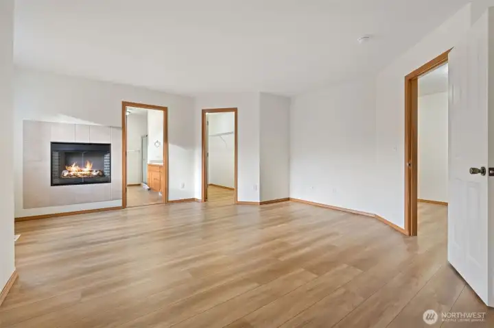 Primary suite with walk in closet and electric fire place