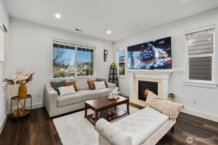 Cozy up around the gas fireplace