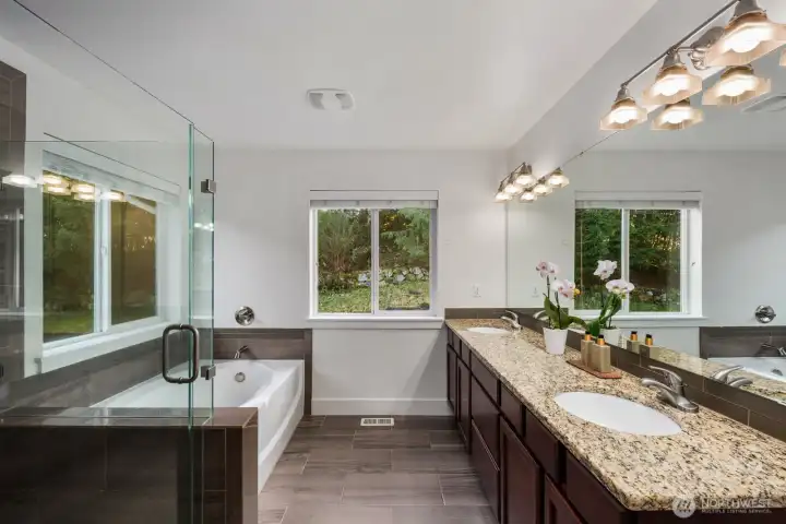 Updated primary bathroom with double vanity