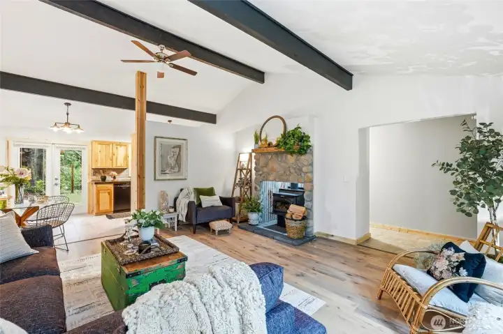 Wood burning fireplace & ceiling fan.