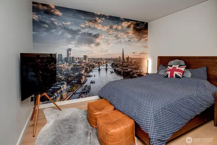Primary Bedroom with mural wallpaper!