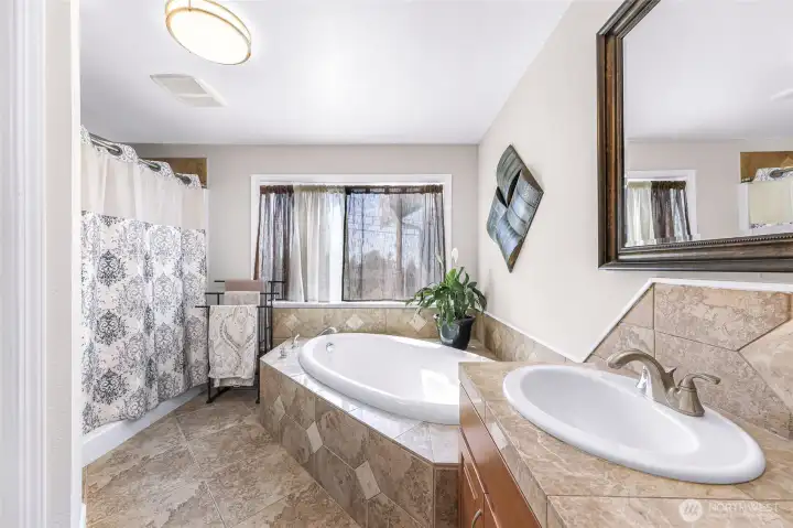 Full sized shower and soaking tub- large window for bright natural light