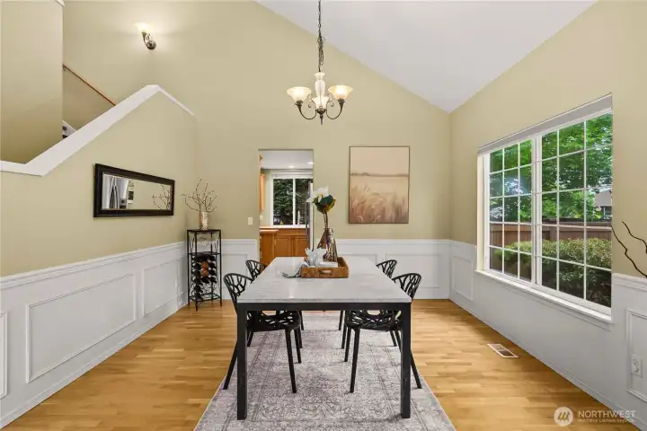 The dining room also offers seamless access to the kitchen, making entertaining a breeze.