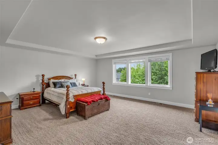 Spacious primary suite featuring a tray ceiling, plush carpeting, and plenty of room for a king-sized bedroom set, sitting area, or additional furnishings. Spacious primary suite featuring a tray ceiling, plush carpeting, and plenty of room for a king-sized bedroom set, sitting area, or additional furnishings.