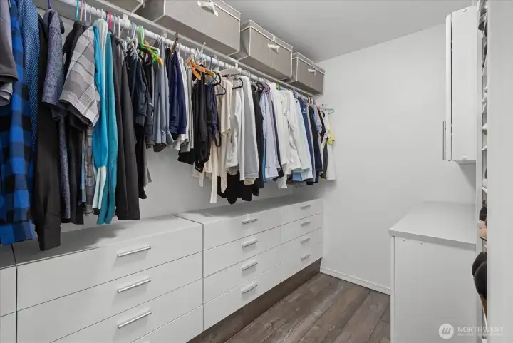 Walk in closet with drawer organizer.